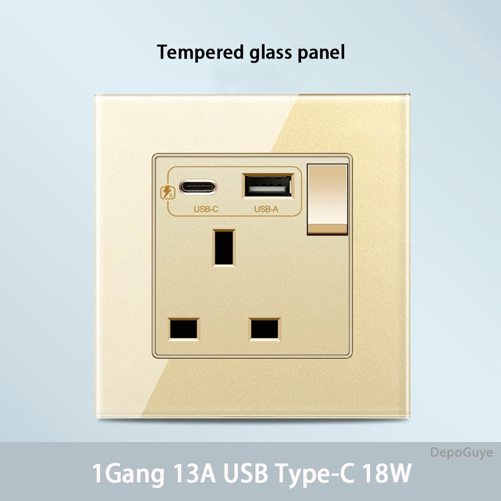 Gold Universal Tempered Glass Wall Socket,UK 13A power outlet with USB Type C 18W Quick Charge,Home Light Electric Switch Panel image 3