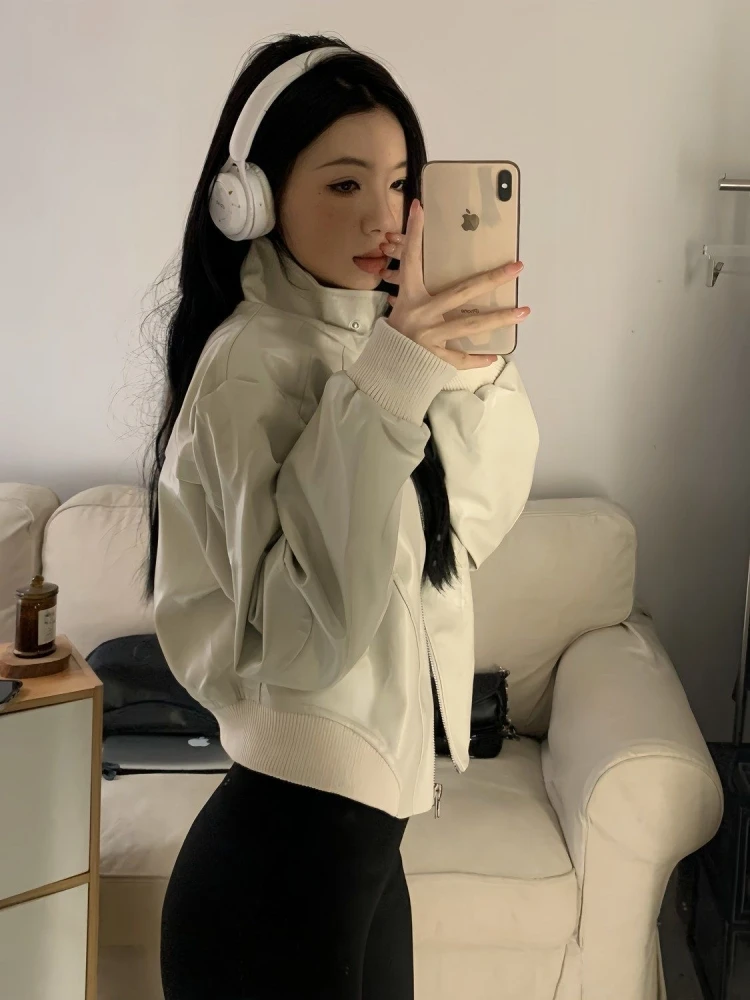 

Spicy Retro Dopane Leather Jaet ort Outerwear Women Spring Autumn Versatile Loose Design Sense Motorcycle Jaet