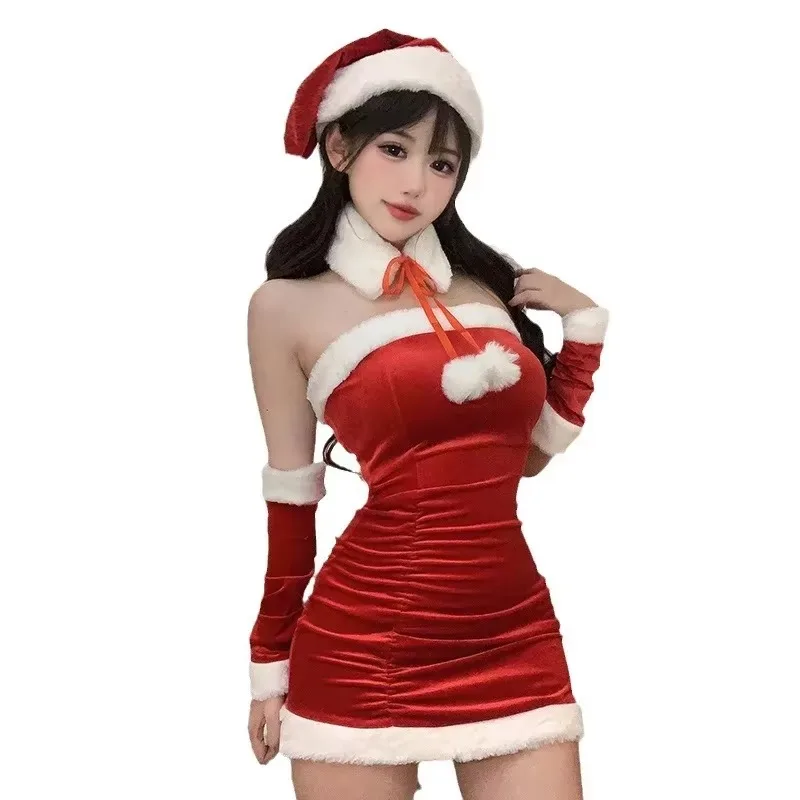 NEW Super Sexy Christmas Outfit Hot Red Santa Cosplay Rudolph Holiday Party Costume New Year Seductive Uniform Santa Hat