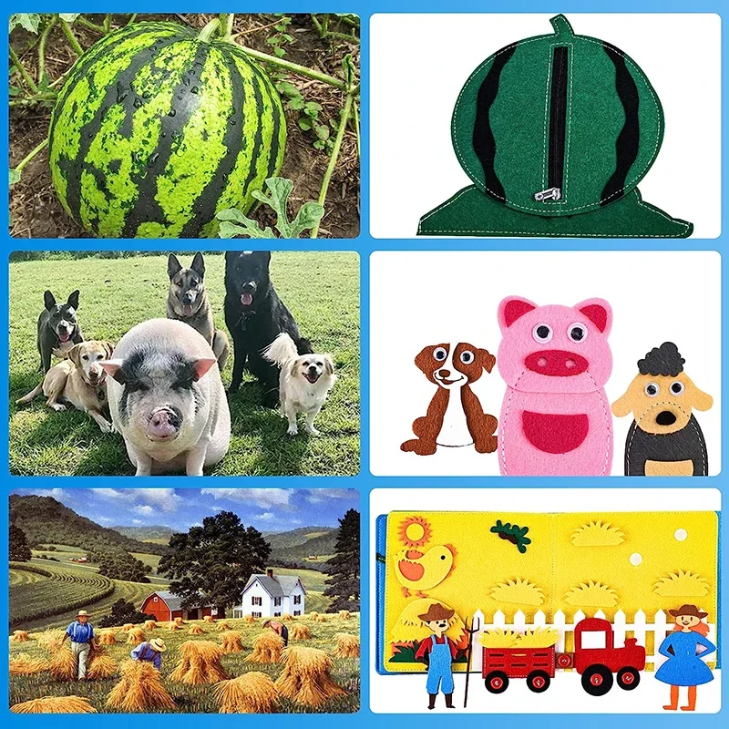 Jouet sensoriel éducatif Montessori pour tout-petits, planche occupée, livre silencieux en feutre avec scène d'animaux de ferme, activité de conte pour garçons et filles