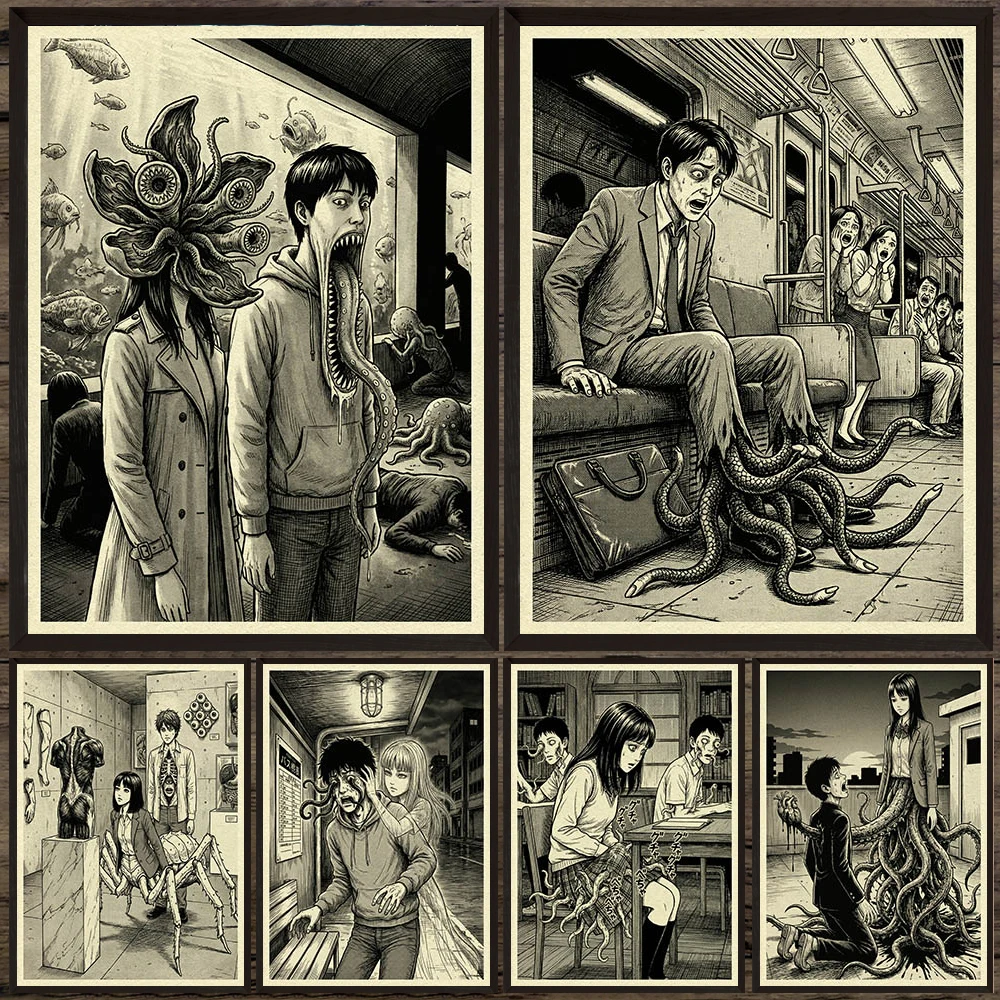

Japanese Retro Creepy Tentacle Monster Horror Manga Art Poster Print,Moody Nightmare Tentacle Monster & Eyeball Wall Art Decor
