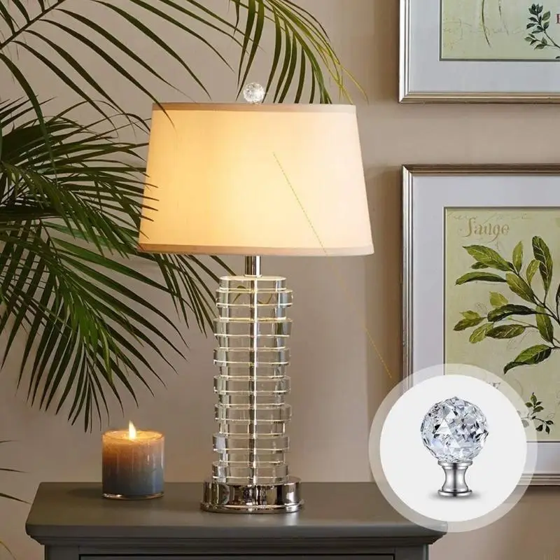 2Pcs Faceted Clear Crystal Glass Ball Finial Lamp Top Cap Base Threaded Diamond Lampshade Finials Knob Decoration