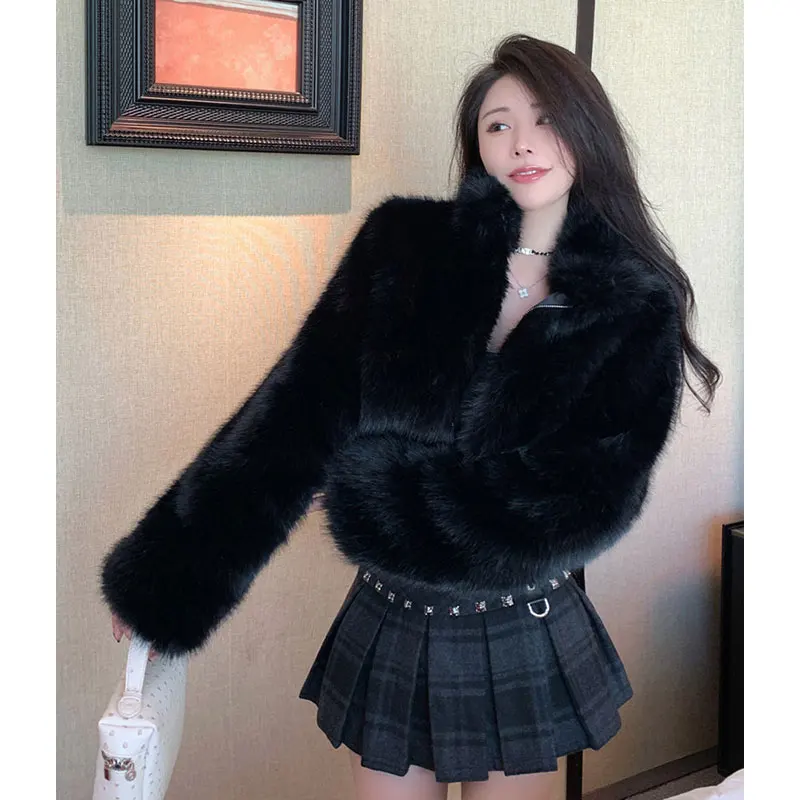 Korean Faux Fur Jackets  Autumn Winter Luxury Stand Collar Faux Mink Fur Party Club Zipper Coat Vintage Solid Furry Outerwear