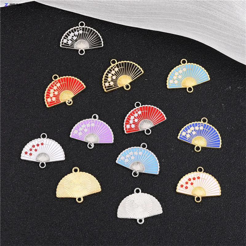 15pcs Enamel Fan Charms Connector Sakura Pattern Pendants For Crafts Jewelry Making DIY Bracelets Earrings Accessories