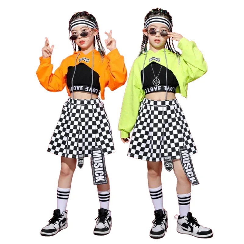 

Girls Hip Hop Clothing Hoodie Sweatshirt Crop Top Streetwear Checkered Skirt for Kids Dance Costume Clothes sets
