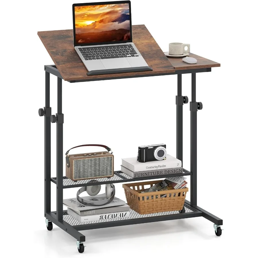 Mobile Computer Desk Cart with Height Adjustable Rolling Laptop PC Desk Featuring Tilting Tabletop and Multiple Storage Shelves