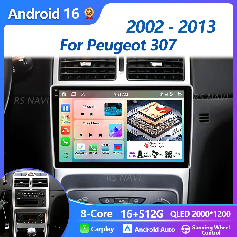Reproductor Multimedia Android 16 Carplay Plug and Play para Peugeot 307 307CC 307SW 2002 - 2013, Navegación, Autoestéreo, Video 2K, Radio