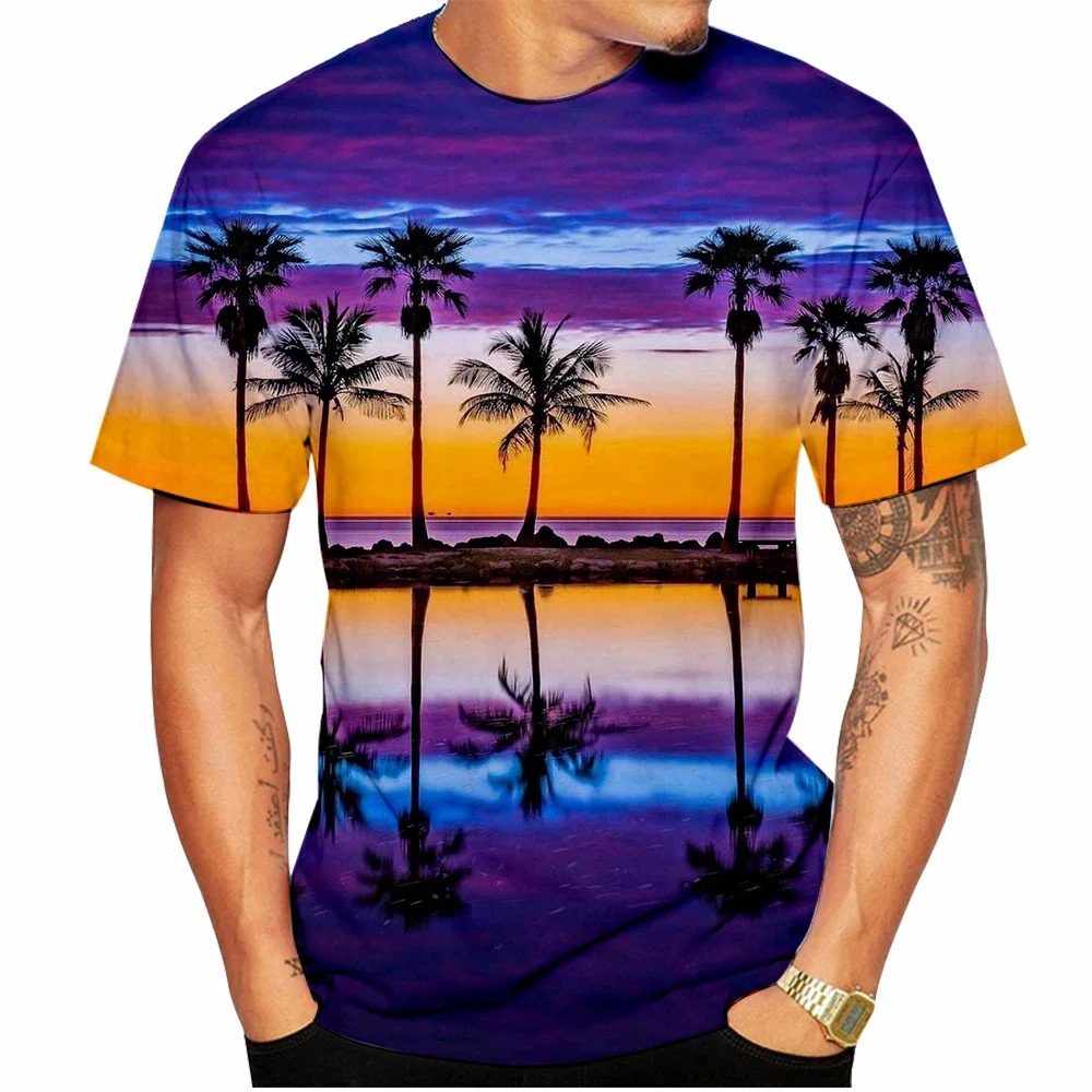 Summer Hawaiian Scenery 3D Print T-Shirts Streetwear Men Fashion Oversized O-Neck Short Sleeved T Shirt Tees Tops Clothing