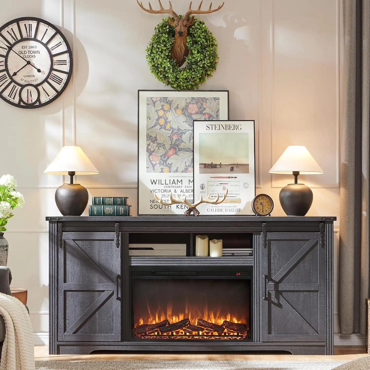 Farmhouse Fireplace TV Stand for 80 Inch TV, w/Drawer & Sliding Barn Door | 32