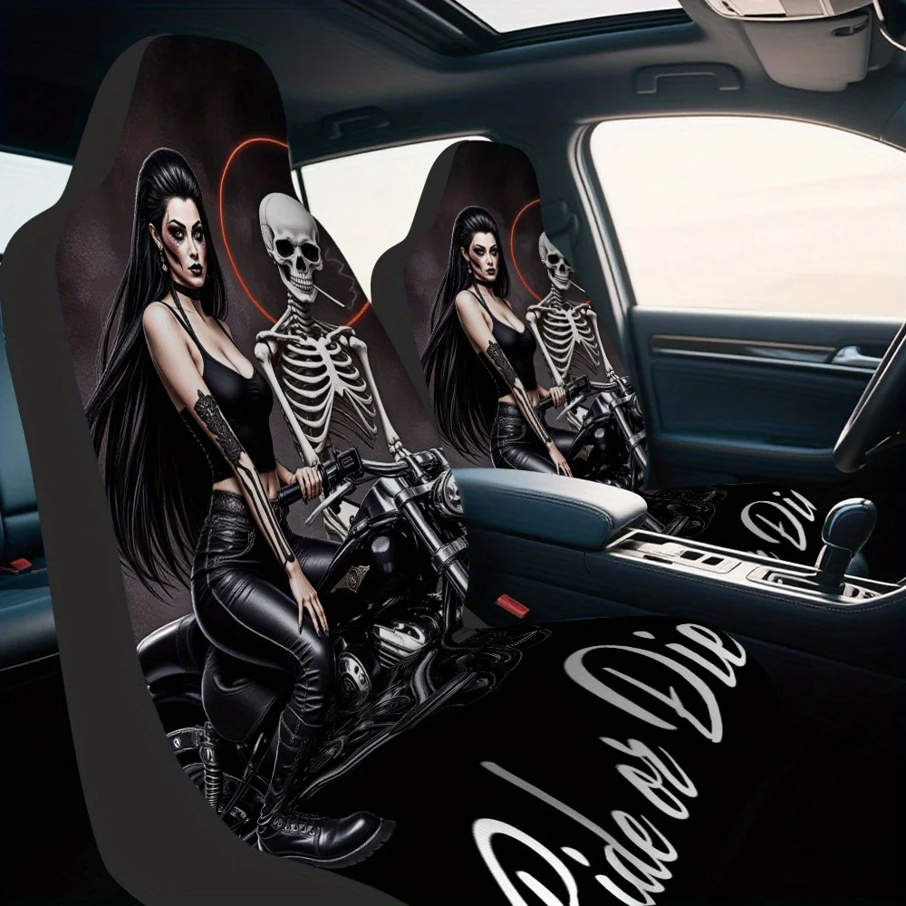 2pcs, Skull Motorcycle Rider Pattern Universal Car Seat Covers, Soft Washable Fabric, Decorative Upgrade Adds Stylish Touch, Enh