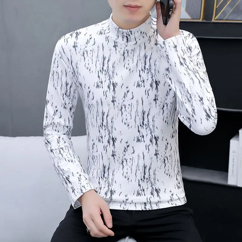 2023Autumn and Winter Men\'s Pullover Half High Neck Printed Slim Fit German Velvet Bottom Shirt Fashion Casual Long Sleeve Tops