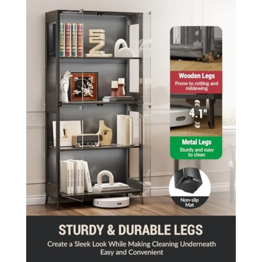 Glass display cabinet with doors for collectibles and books, black metal base, 4-tier adjustable shelves, RGB LED lights contro view 5