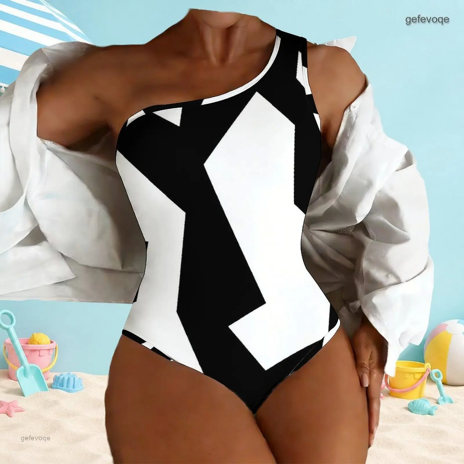 Women One Shoulder Asymmetric Geometric Printed One Piece Swimsuit