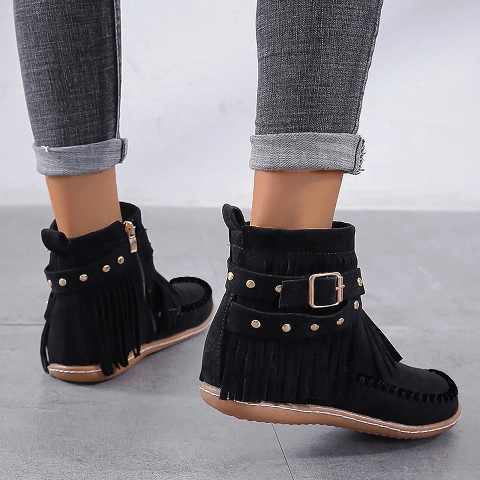 Women Solid Retro Toe Round Short Shoes Tassel Zipper Flat Color Booties Women\'S Boots Womens Fold Over Boots