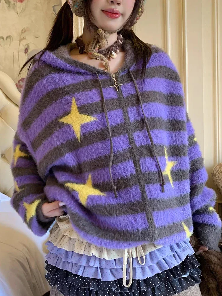 Amerikanischer Y2K Lila Gestreifter Stern-Mahai-Woll-Open-Cardigan-Pullover für Damen, Herbst-Winter Dicker Weicher Strickmantel mit Kapuze