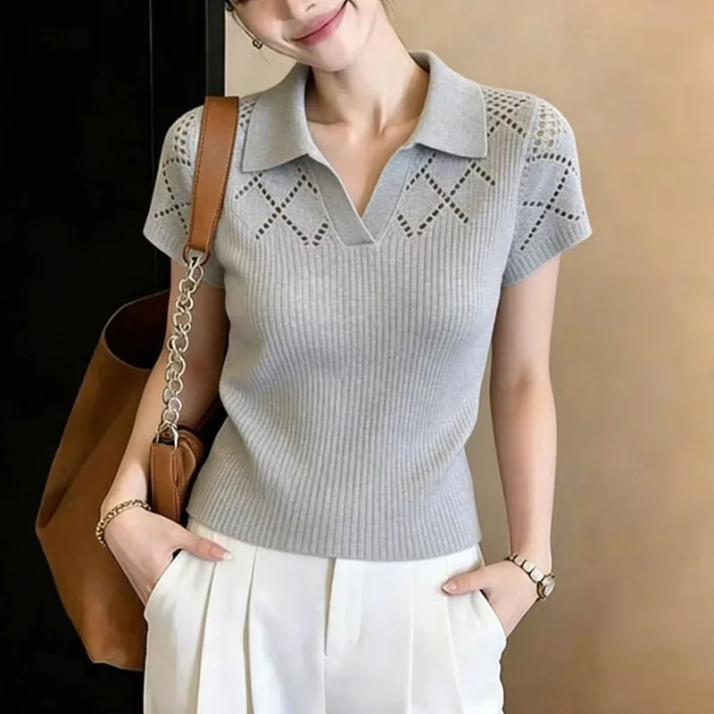 

2026 Summer New Hollow Out Knitted Sweater Women Pullovers Short Sleeve Turn Down Collar Knit Sweater Pullover Women Tops Q4548