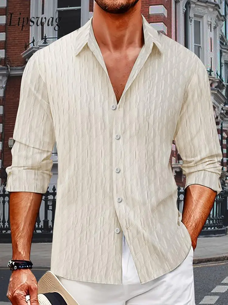 Streetwear New Casual Mens Textured Shirts Long Sleeve Turn-down Collar Button-up Shirt For Men Fashion Plaid Jacquard Cardigans