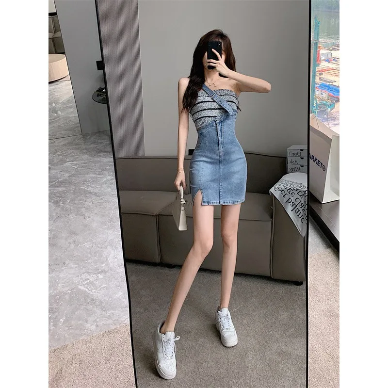 2024 Summer New Design Feeling Split Half Skirt High Waist Wrap Hip A-line Strap Denim Skirt