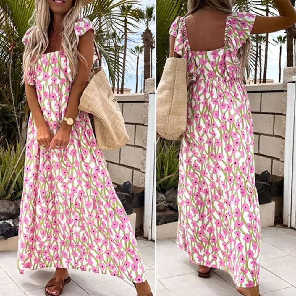 

Long Dress Ruffled Sleeve Lady Dress Square Neck Beach Dress Swing Loose Fit Maxi Dress Floral Print Women Dress for Vacation