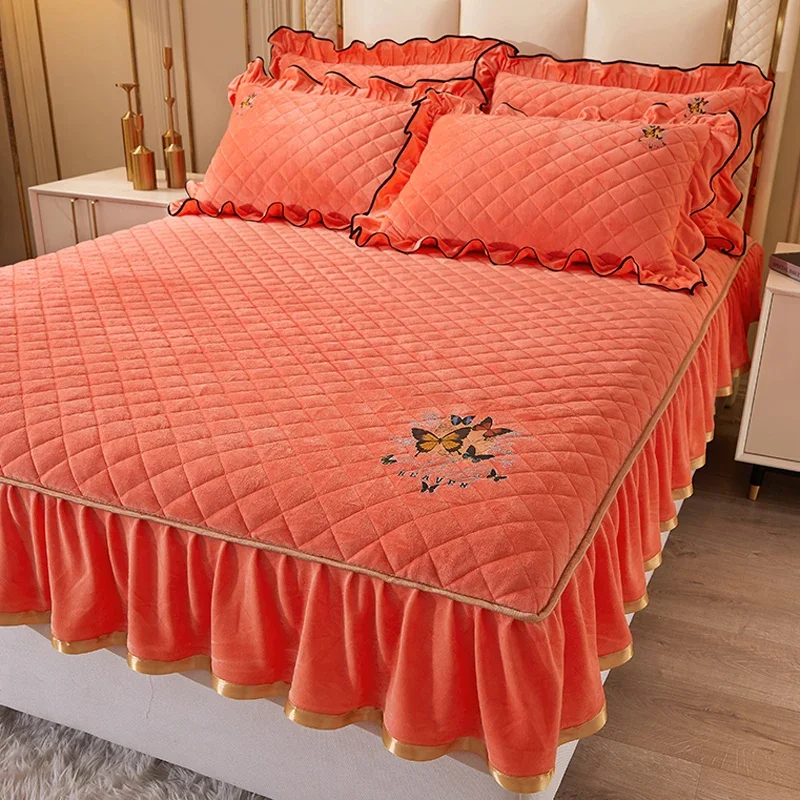 Solid color padded mattress with skirt single piece thickened warm crystal velvet dust-proof all-inclusive bed apron protective