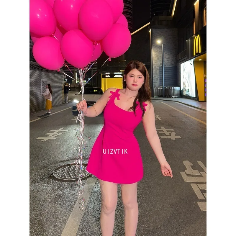 Grande taille doux Rose rouge courte fête d'anniversaire robe Sexy femmes nouvelles bretelles Spaghetti Simple taille mince mince Mini robe robes