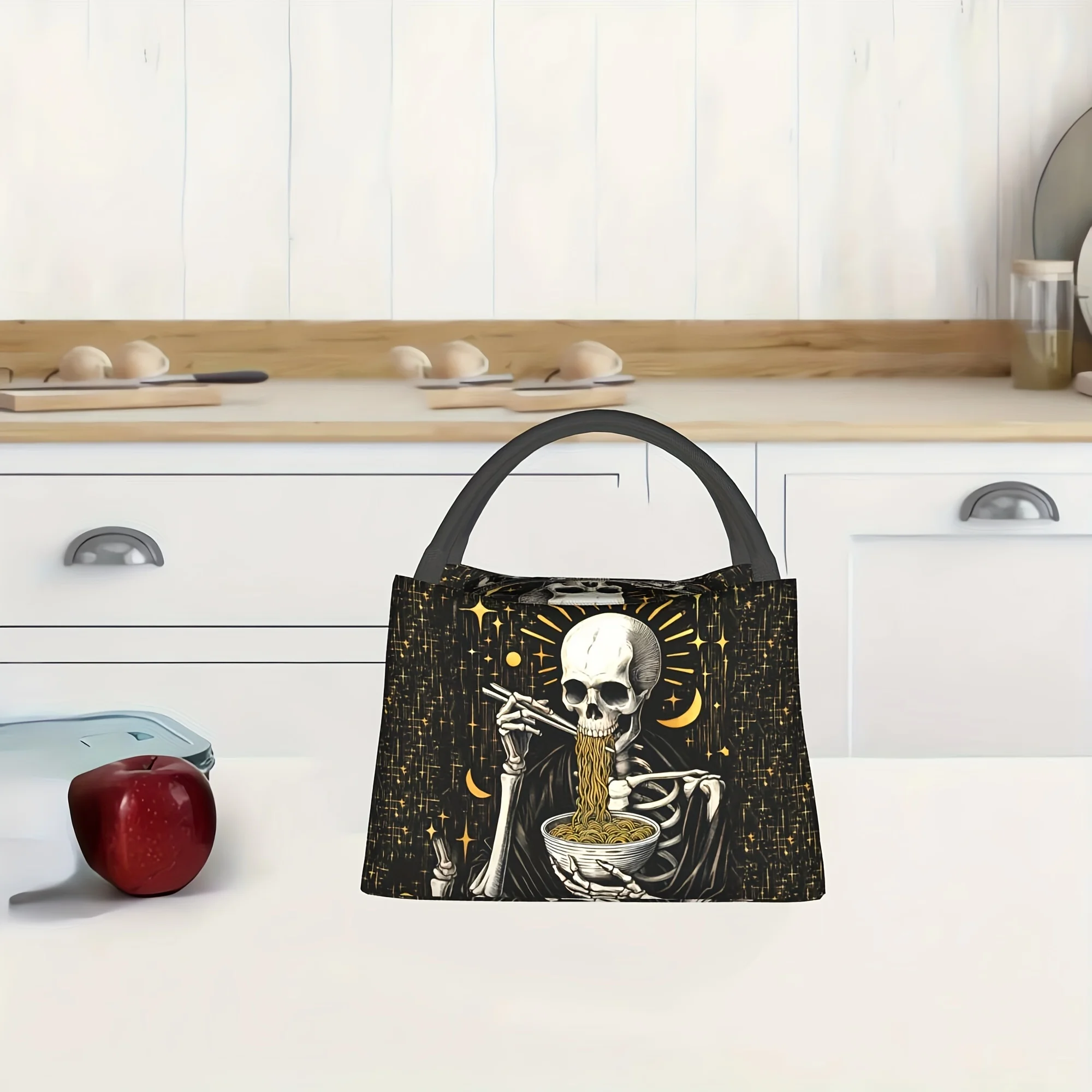 Skull Pattern Lunch Bag 1pc Portable Reusable Insulated Lunch Bag | Skull Eating Noodles Pattern, Suitable for Home, Restaurant