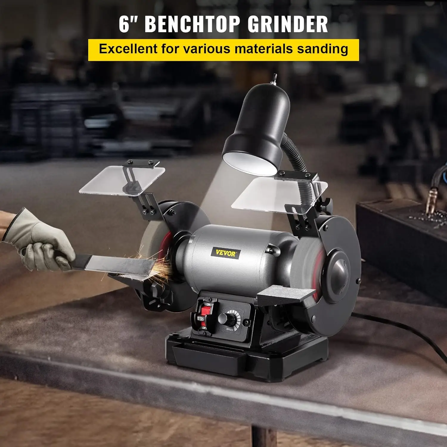 6 inch Bench Grinder, 250W Motor, Variable-Speed Benchtop Grinder with 3400 RPM and Work Light, Two Types Wheels for Grinding