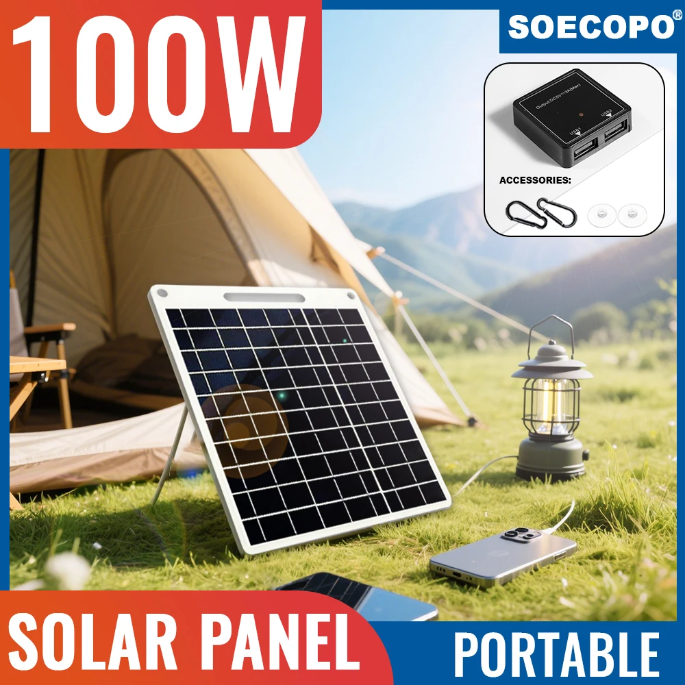 

SOECOPO 100W Portable Solar Panel for Camping - Essential Camper Accessories 5V1.5A USB Powers Phones/Lanterns Camping