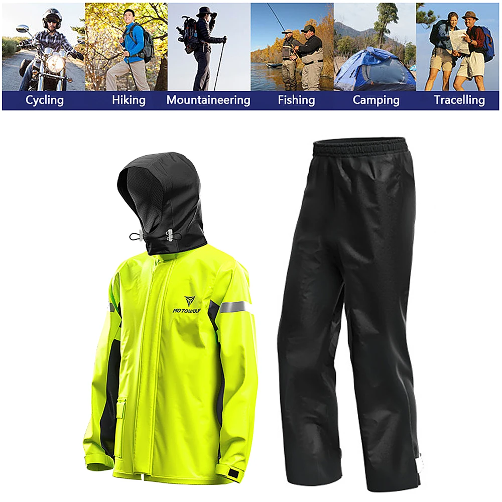 Men Motorcycle Rain Suit Outdoor Reflective Waterproof Rain Jacket and Pants Rain Gear for Bike Riding Cycle Camping Hiking