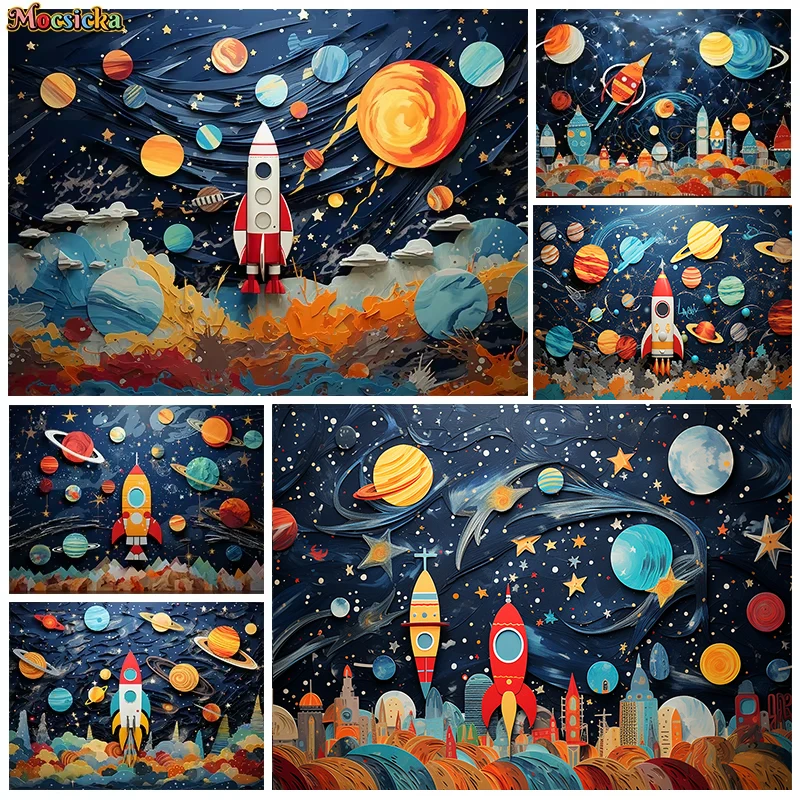 Universe Space Rocket Background Photography Cartoon Spaceship Mars Children Shower Boy Happy Birthday Wallpaper Decor Backdrop