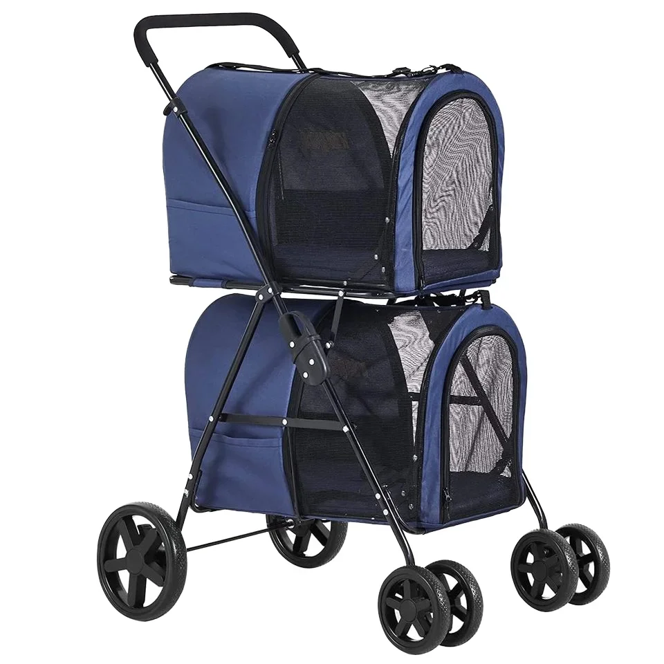 #Blue Oxford Eco-friendly Foldable Pet Stroller 4-in-1 Travel Cart 2 Detachable Carriers 4 Lockable Wheels Double Dog Stroller