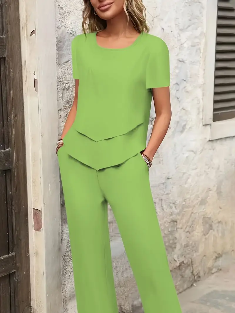 Women's Loose Fit Slimming Casual Two-Piece Set with Short Sleeve Pseudo-Twin Top and Wide Leg Pants