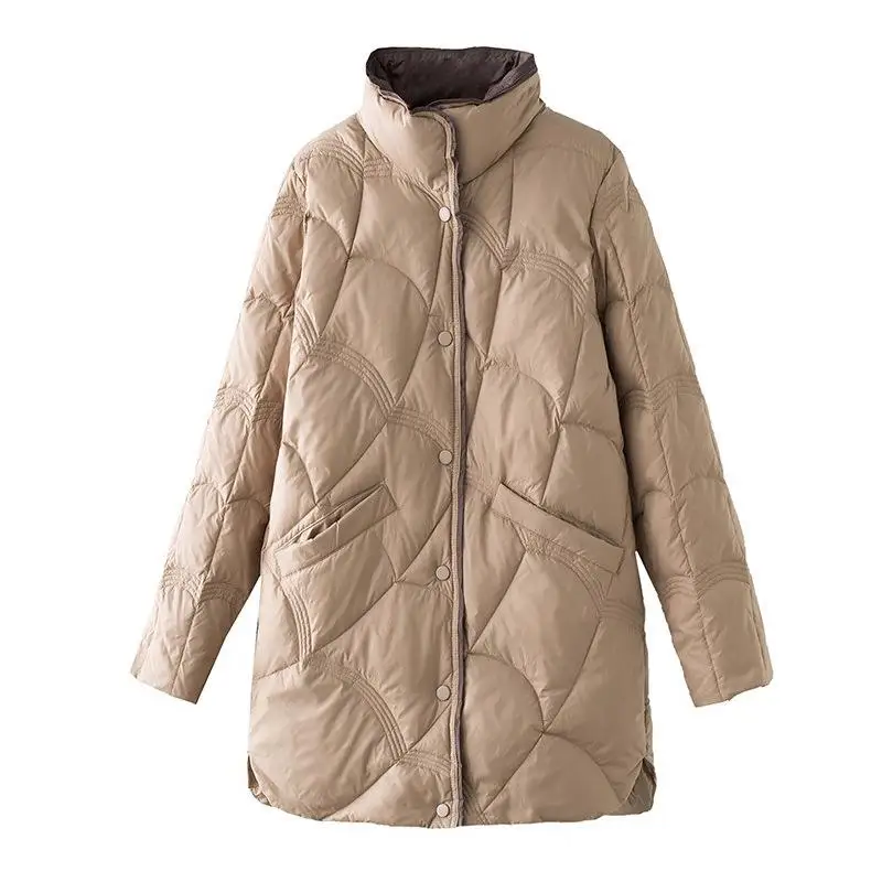 Leve puffer jaet feminino de comprimento médio branco du down faionable retro nuvem padrão gola casaco fino ajuste