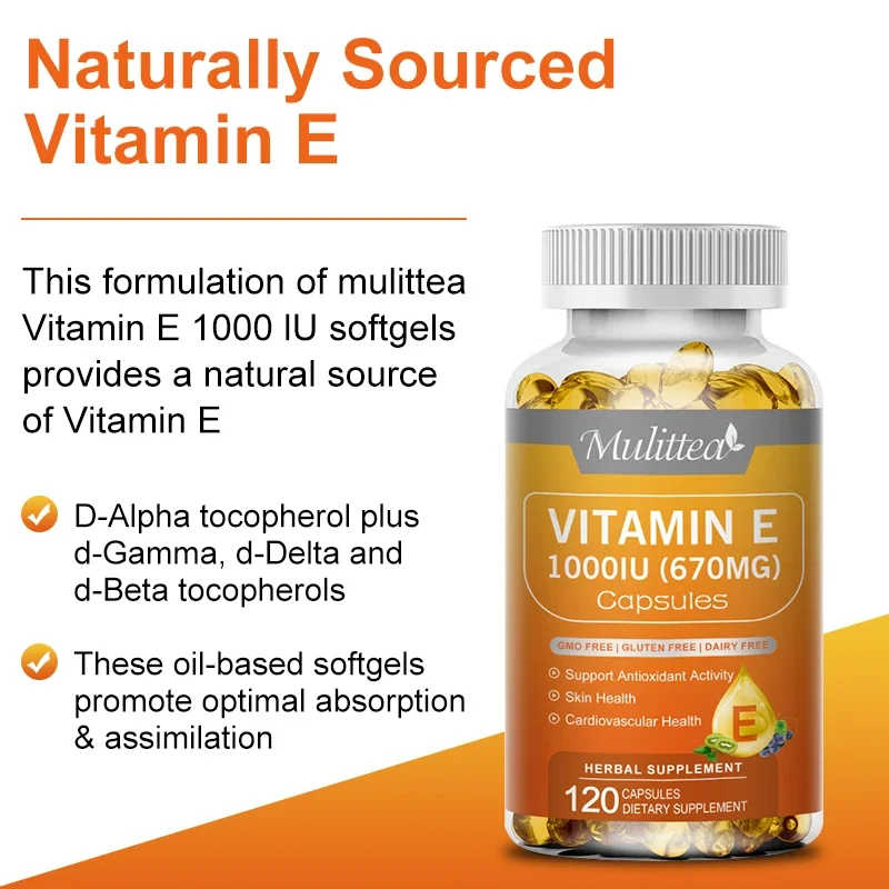 Mulittea Vitamin E Capsules Helps Blood Birculation and Antioxidant &Tone Supports Immune System Healthy Skin Hair Nails