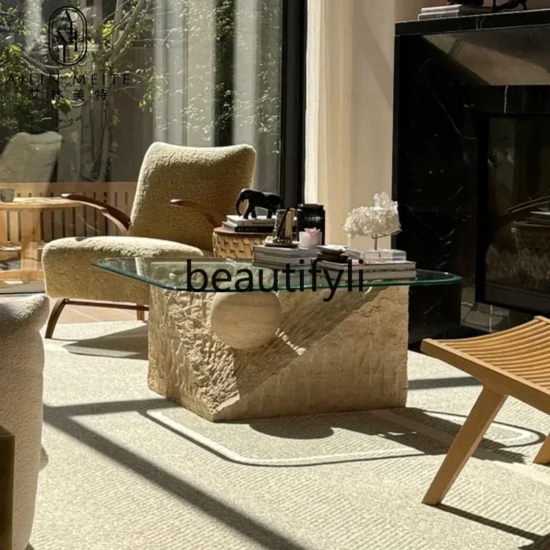 182Q Italian light luxury Roman cave stone coffee table living room glass design creative special-shaped coffee table