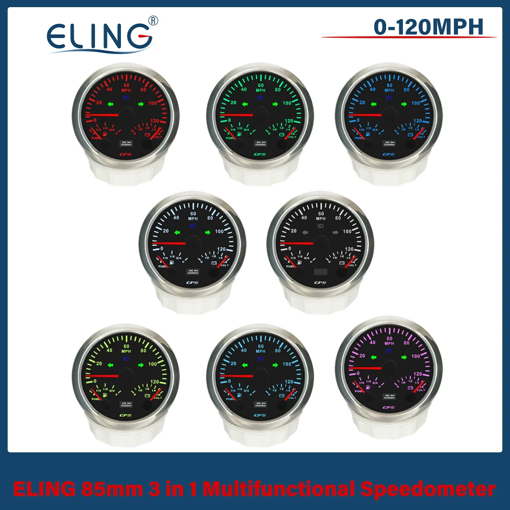 

ELING Newest 85mm 3 in 1 Multifunctional 0-120km/h 200MPH Car GPS Speedometer with Fuel Level 8-16V Voltmeter 7 Colors Backlight