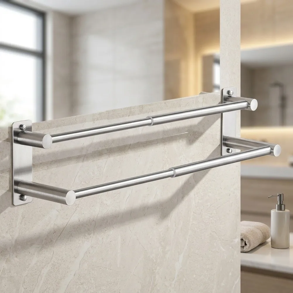 Stainless Steel Double Towel Holder with Dual Mounting Points and Reinforced Frame to Handle Frequent Towel Loading and Removal