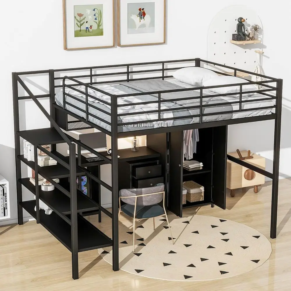 

Full-Size Metal Loft Bed with Stairs, Wardrobe, Storage, Desk and Drawers Cabinet for Kids, Teens, and Adults in Black