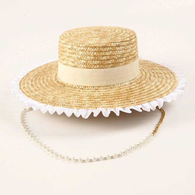 Women Summer Hat Lace Flower Trim Straw Hat with Long Pearl Gold Metal Chain Boater Hat ChainWide Brim Sun Beach Hat Party Hat