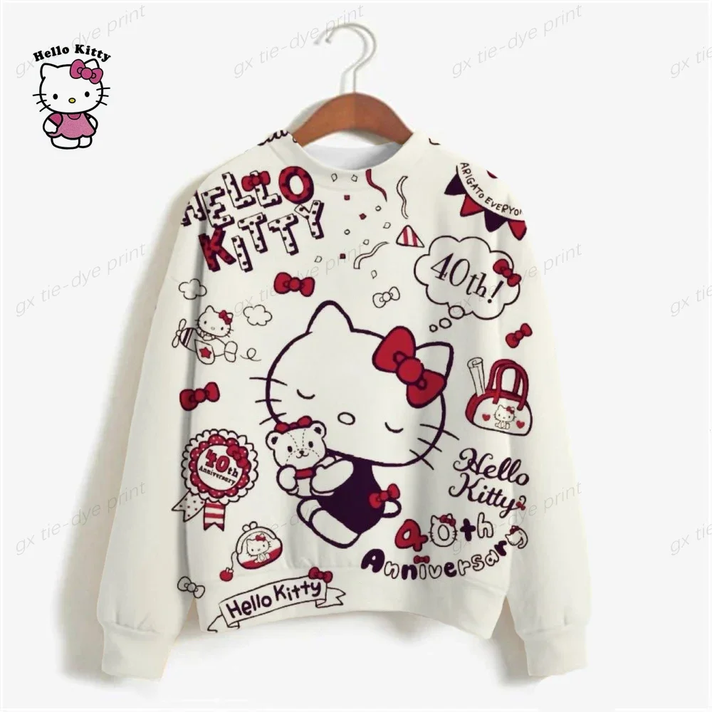 Woman Sweatshirts 2024 Sweet Korean O-neck Pullovers Thick Autumn Winter Candy Color Loose Hoodies HELLO KITTY Womens Clothing