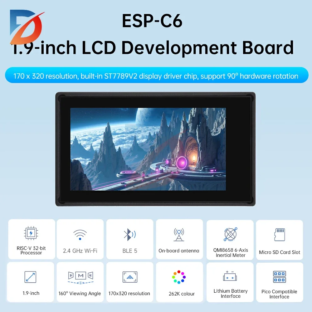 ESP32-C6 1,9-Zoll-LCD-Bildschirm WiFi Bluetooth-Entwicklungsboard 170×320 160 MHz RISC-V-Prozessor Typ C ESP32-C6-LCD-1.9