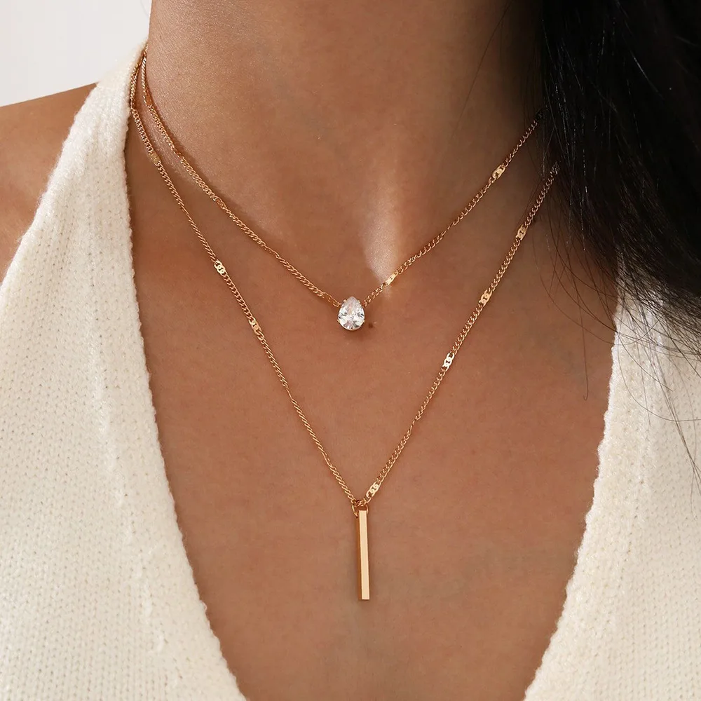 FTCY Double Layered Water Drop Pendant Necklace for Women Gold Color Simple Neck Chain Female Vintage Jewelry Gifts