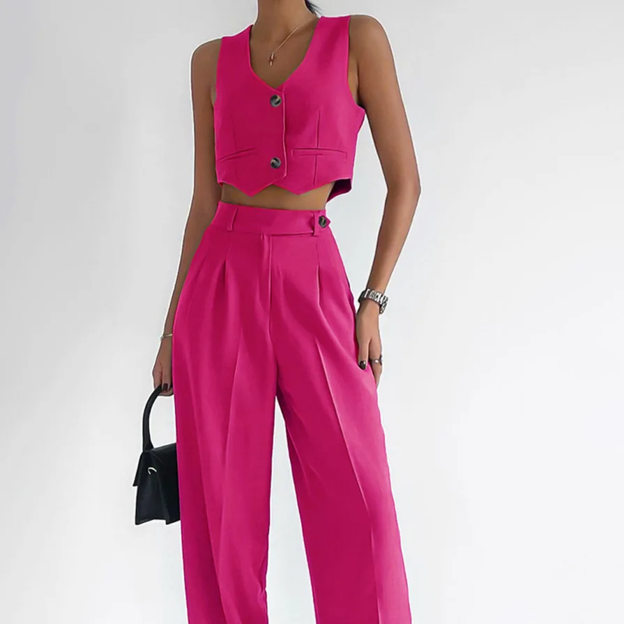 Office Ladies Suit 2-piece Set Fashionable Two-button Sleeveless Vest And High Waist Wide-leg Pants Casual Suit Women's Suit