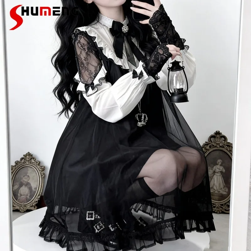 

Japanese Gothic Black Dress Lace Trim Mesh Patchwork Knee Length Vestido Ladies Off-shoulder Long-sleeves Summer Dresses Clothes