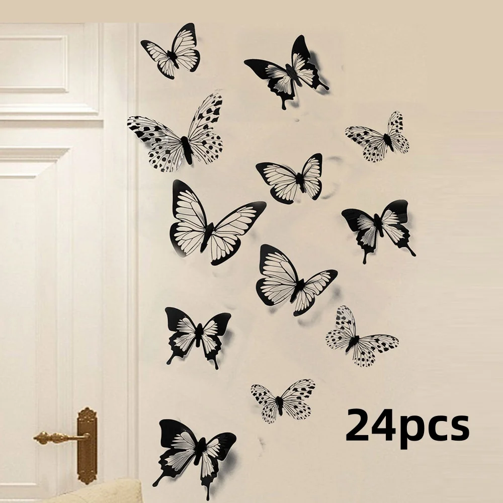 24 Pcs/Set Black White 3D Butterfly Wall Stickers Wedding Decoration Bedroom Living Room Home Decor Butterflies Decals