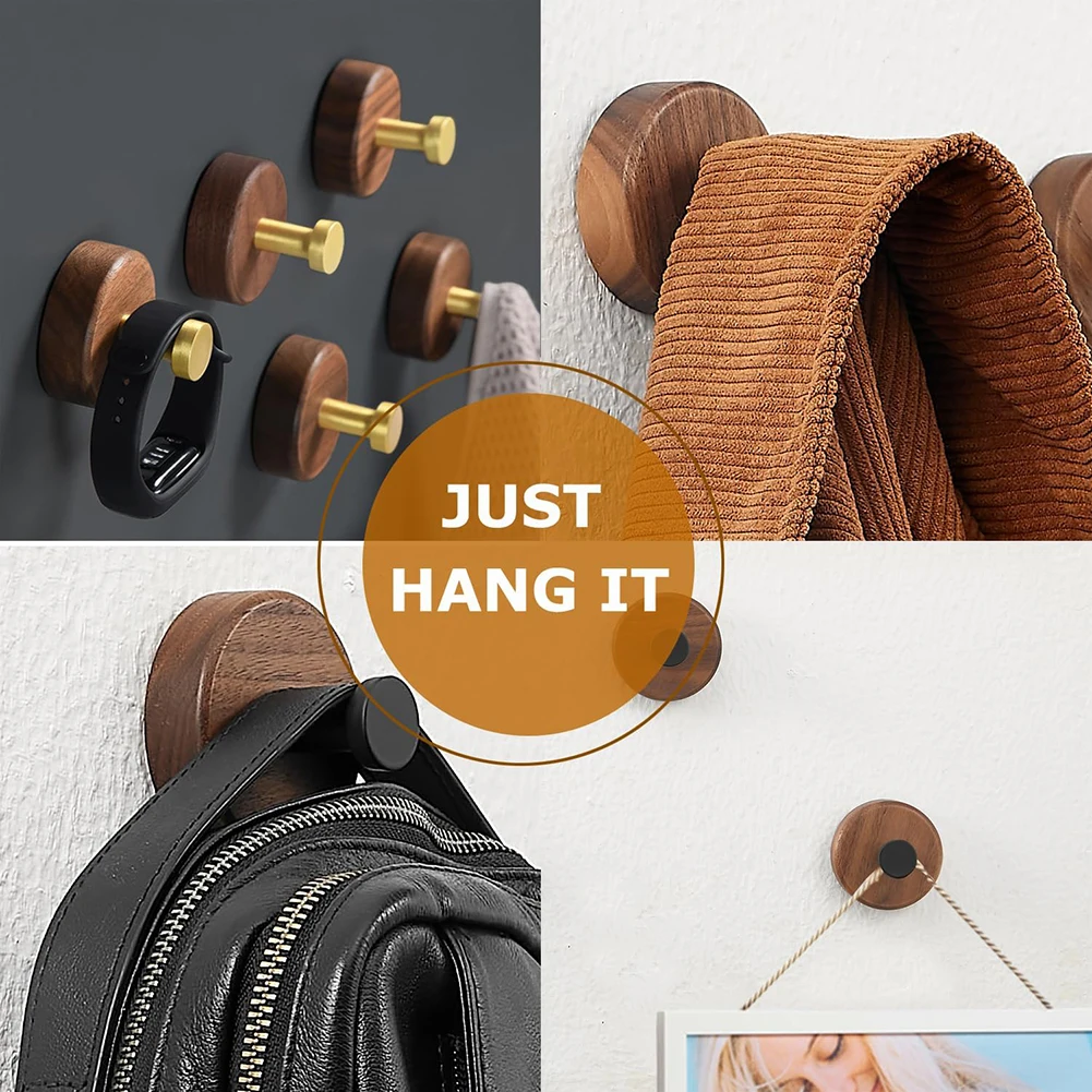 No Drilling Walnut Wood Coat Rack Hooks Black Wall Hangers for Hanging Key Clothes Bathroom Kitchen Robe and Towels and Entryway