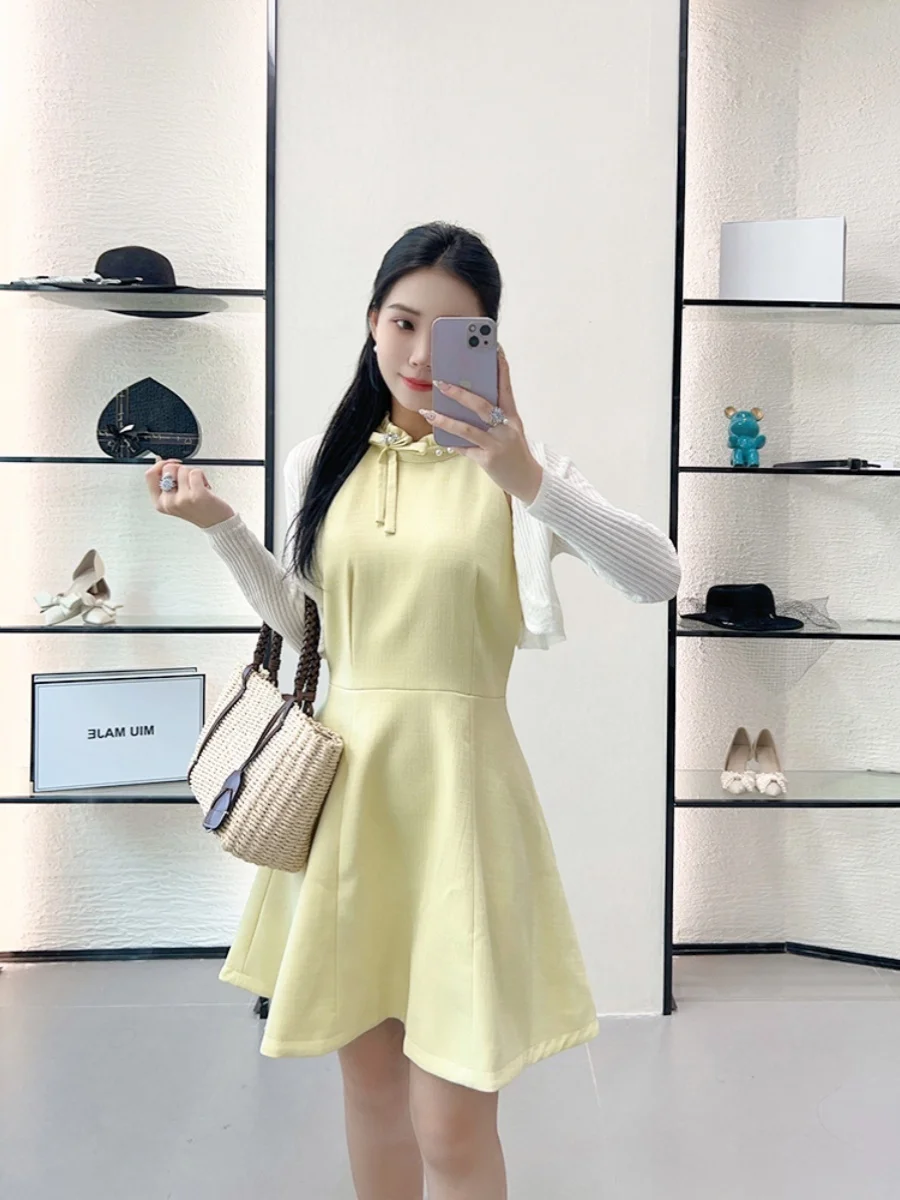 

Элегантный вязаный комплект из двух предметов для женщин: летнее платье с вырезом + модный кардиган, стильная повседневная одежда для дам.