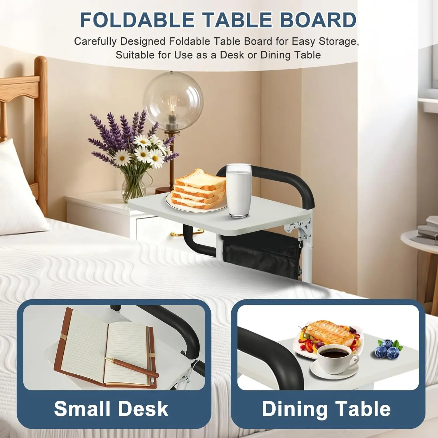Foldable Bed Rail with Table, Sensor Light & Adjustable Height for Elderly Safety