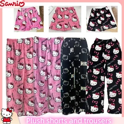 Anime Sanrio Hello Kitty Y2k Kawaii Flannel Pajamas Women's Warm Woolen Cartoon Casual Home Pants Autumn Winter Fashion Trousers