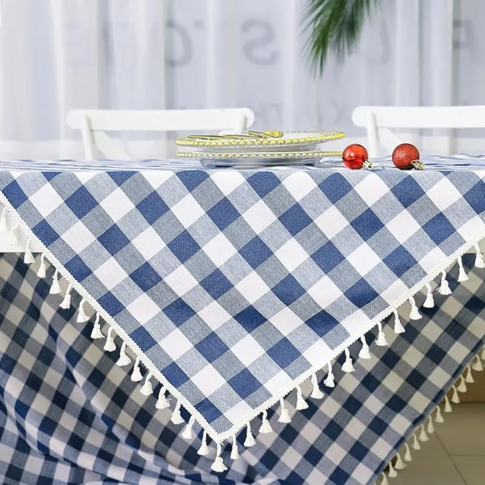 

Practical Linen Plaid Tablecloth Pastoral Style Antifouling Table Runner Rectangular with Tassel Table Cover Party